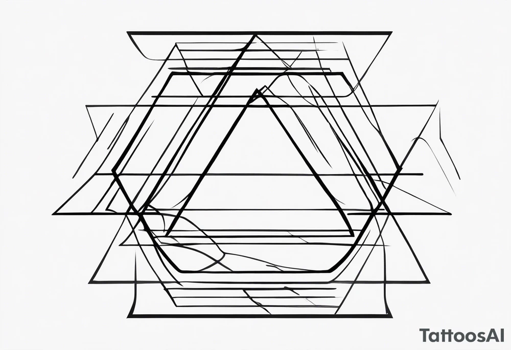 very minimalist tattoo. It should be long and narrow, to goo on an arm. It starts with one square with a dotted line coming out of it, connecting to two interlocked circles, with two lines coming out of them, then connecting to a triangle with multiple lines coming out of it. black and white. tattoo idea