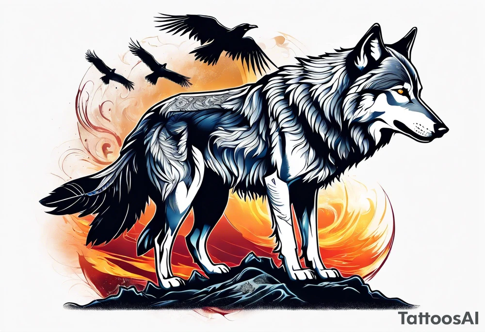 Wolf with crow tattoo idea