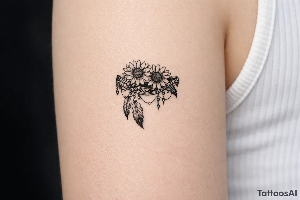 sunflowers with feathers and female Indian tribal ribbon cascading upper arm tattoo idea