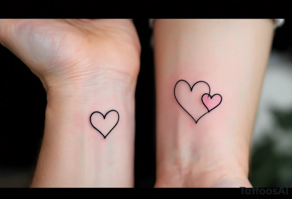 A pair of connected black line-drawn hearts, the first outlined in bold black on wrist and the second filled with soft pastel pink on wrist. tattoo idea