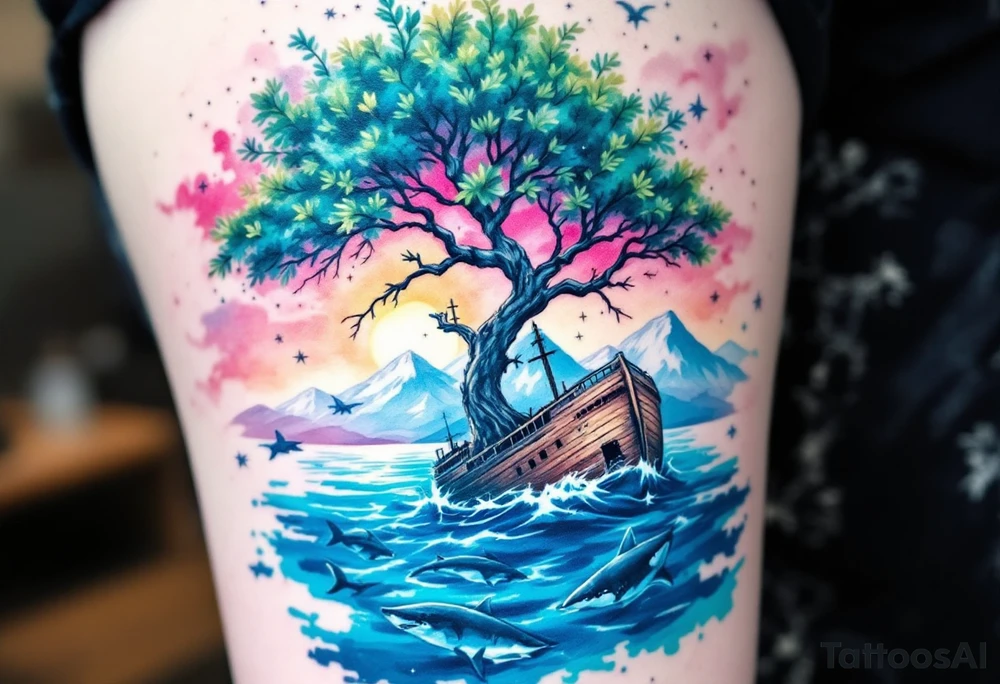 tattoo that has an acacia tree with mountains, ocean with a ship wreck with sharks and the northern star tattoo idea