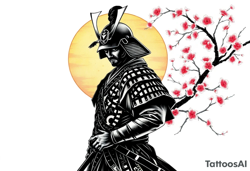 noble samurai warrior silhouette at sunset with cherry blossoms tattoo idea