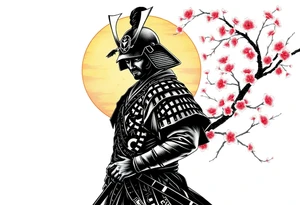 noble samurai warrior silhouette at sunset with cherry blossoms tattoo idea
