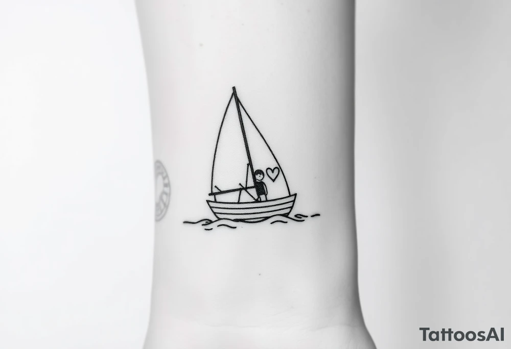 Create a simple sailboat sailing on the ocean. Add a boy and a girl in the boat. Add a heart. tattoo idea