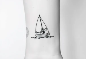 Create a simple sailboat sailing on the ocean. Add a boy and a girl in the boat. Add a heart. tattoo idea