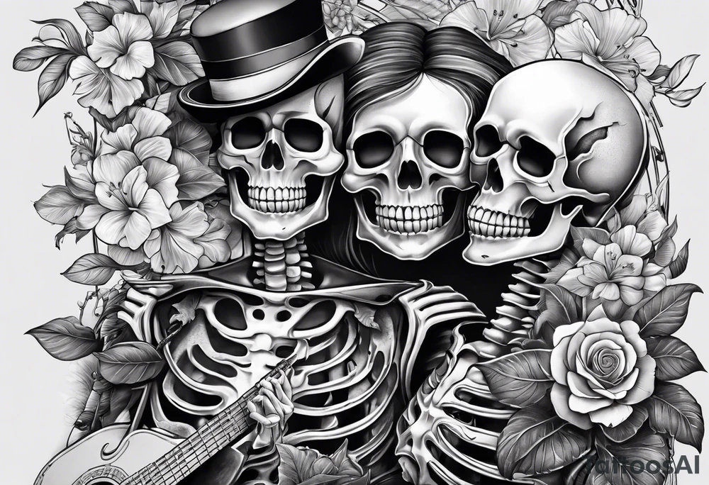a female and male skeleton in love. The female has hibisucs flowers and the male is playing the guitar tattoo idea