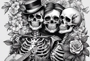 a female and male skeleton in love. The female has hibisucs flowers and the male is playing the guitar tattoo idea