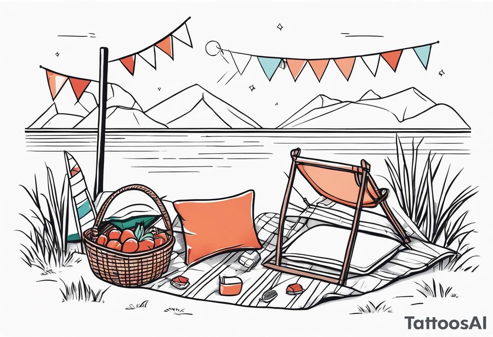 picnic scene in nature. A blanket on the ground with one picnic-basket, one backpack, pillows and party pennants. Thin lines. tattoo idea