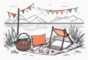 picnic scene in nature. A blanket on the ground with one picnic-basket, one backpack, pillows and party pennants. Thin lines. tattoo idea