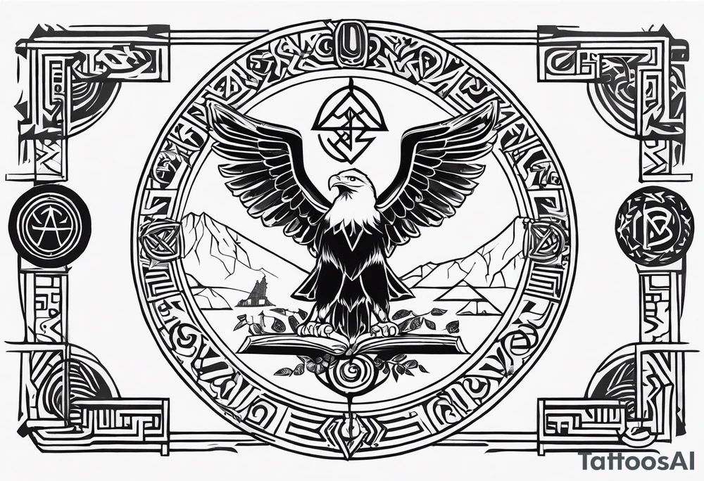 Polish eagle surrounded by viking runes sitting on the tree of life, scattered random geometric shapes and ancient artifacts, include Bruce Springsteens simply the best song tattoo idea