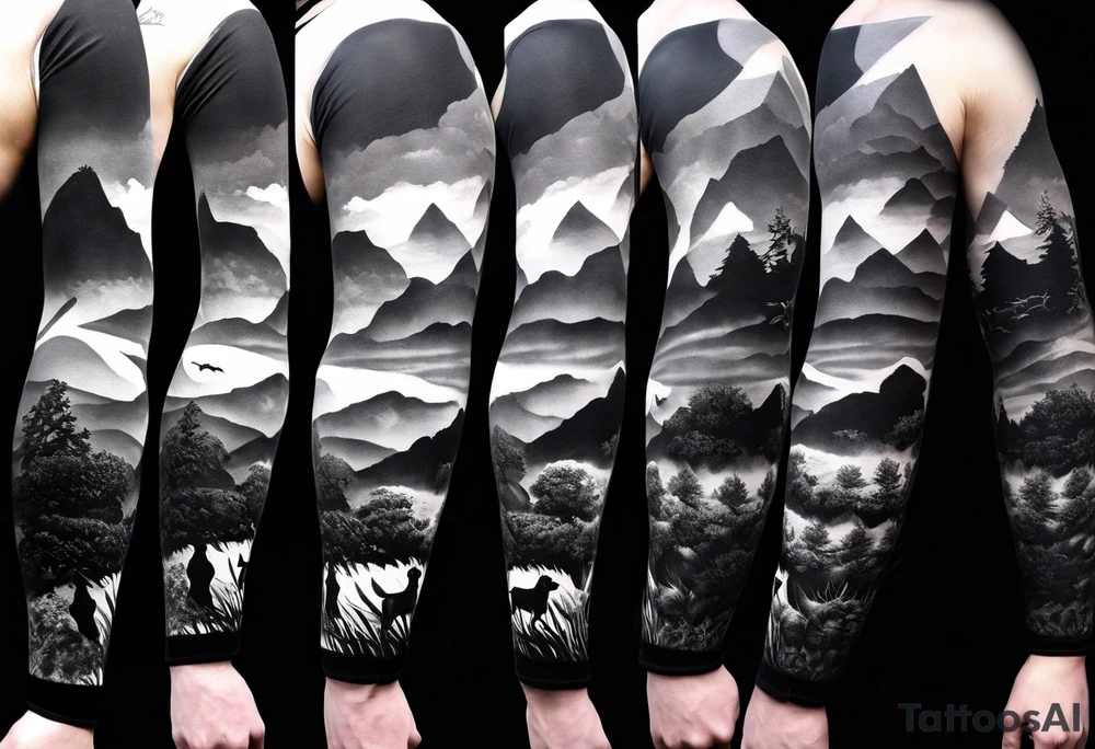 Men’s full arm sleeve. Rolling fields and mountains with 4 Great Dane dogs running in the field tattoo idea