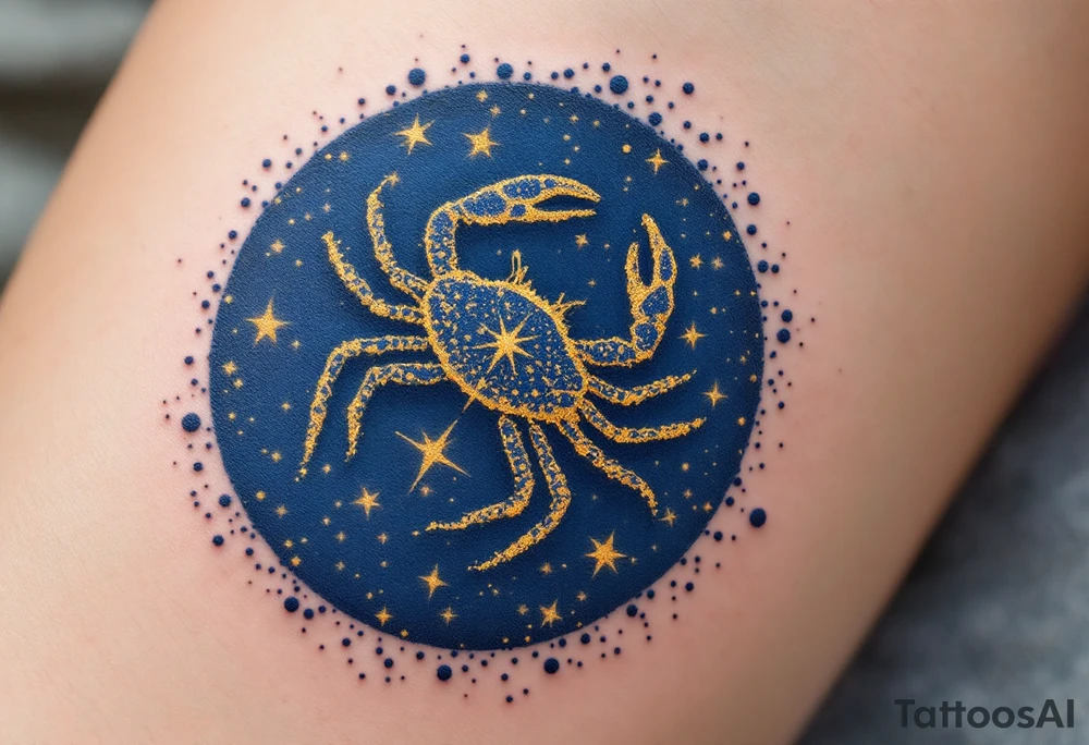 The Cancer zodiac symbol gold beneath a midnight blue sky dotted with white constellation stars. tattoo idea