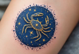 The Cancer zodiac symbol gold beneath a midnight blue sky dotted with white constellation stars. tattoo idea
