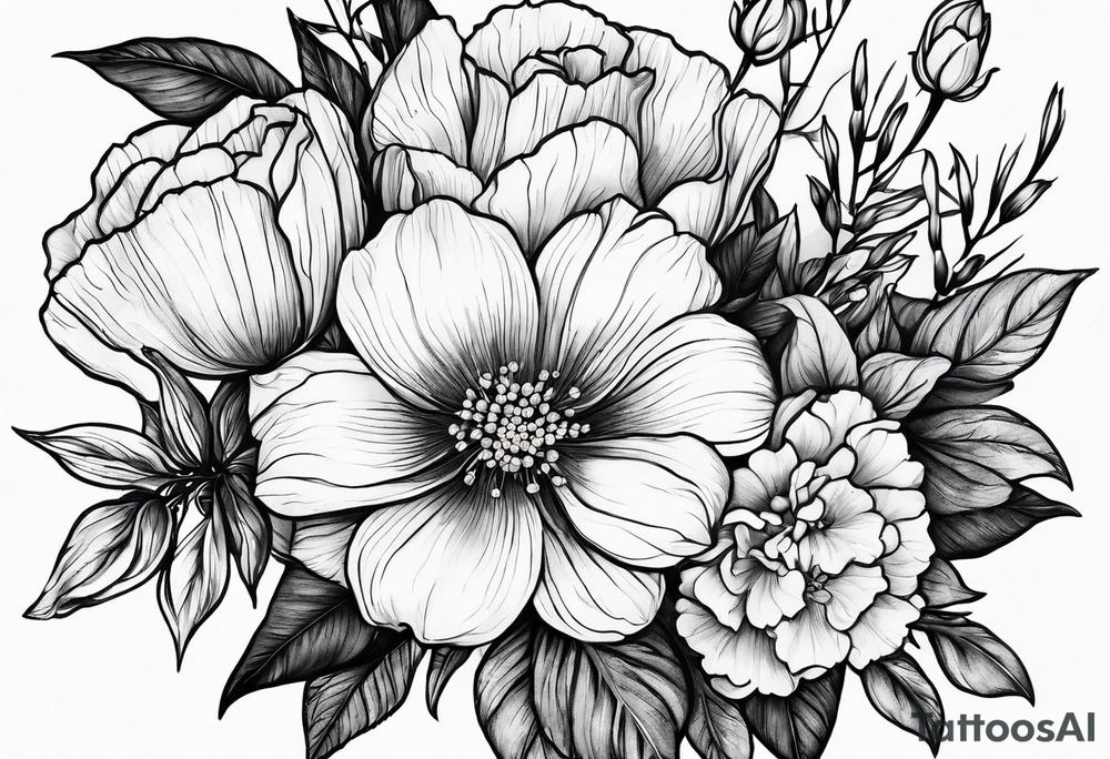 Birth flowers for April, June, July, September, October in a bouquet tattoo idea