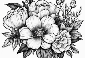 Birth flowers for April, June, July, September, October in a bouquet tattoo idea