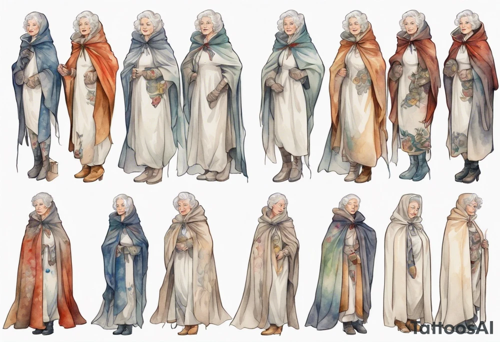 beautiful older woman wearing white medieval cloak and boots tattoo idea