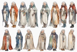 beautiful older woman wearing white medieval cloak and boots tattoo idea