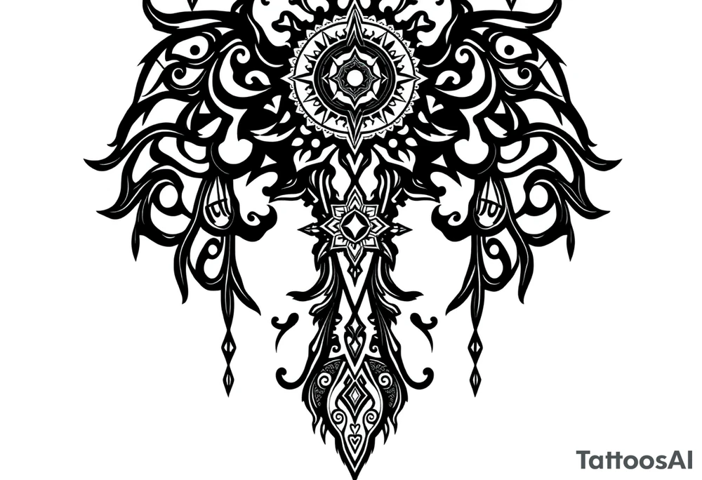 mystical dark and long ornament with shaman and witch style and ancient rhyme tattoo idea