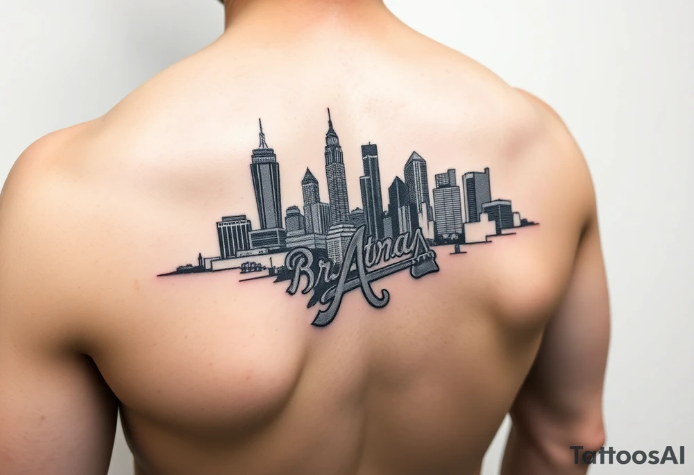Atlanta skyline with Braves logo leg sleeve tattoo idea