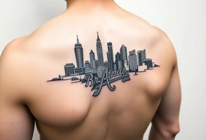 Atlanta skyline with Braves logo leg sleeve tattoo idea