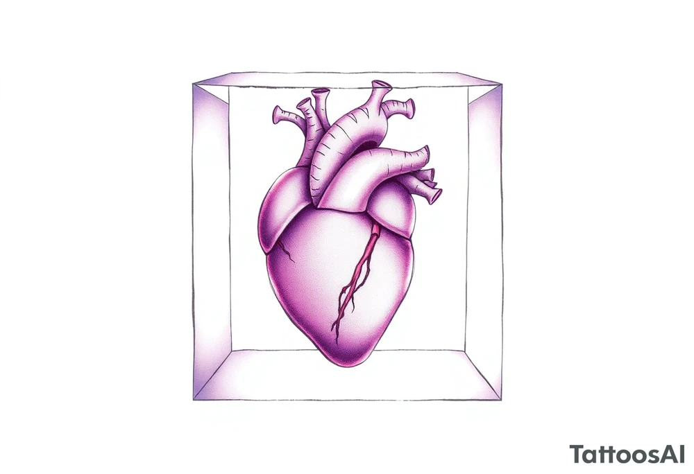 A translucent purple cube with an anatomical heart inside tattoo idea