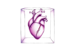 A translucent purple cube with an anatomical heart inside tattoo idea