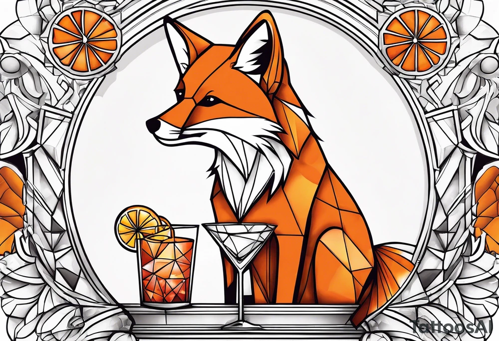 Geometric disco fox with one Negroni in short lowball cocktail glass with ice and orange peel tattoo idea