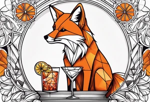 Geometric disco fox with one Negroni in short lowball cocktail glass with ice and orange peel tattoo idea
