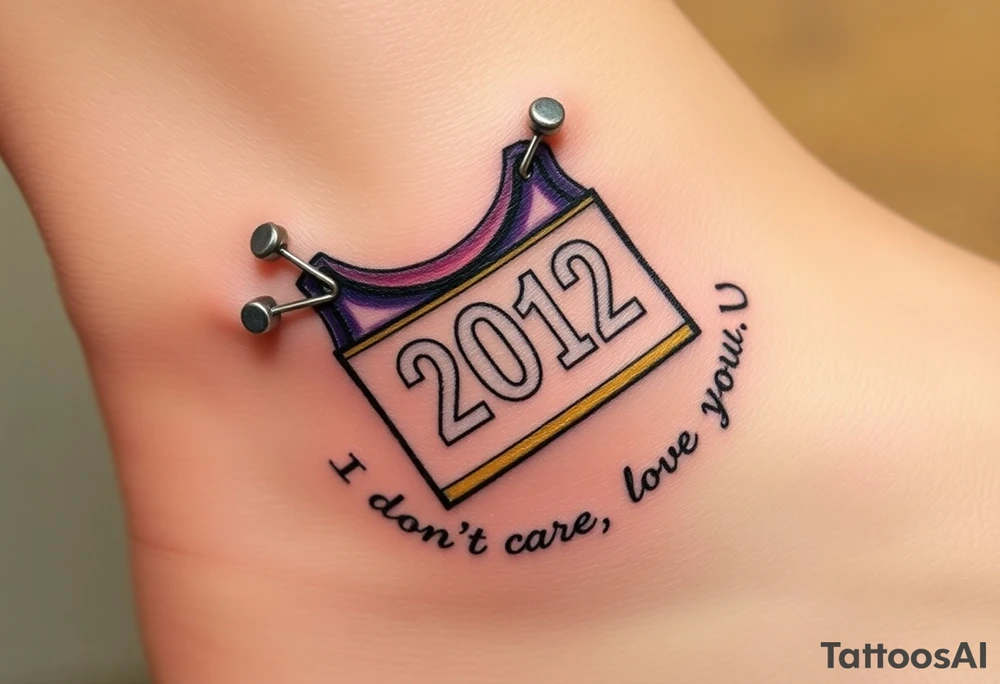 Safety pins through the skin attaching a running bib with 2012 and purple and gold accents with “I don’t care, I love it” around the outside tattoo idea