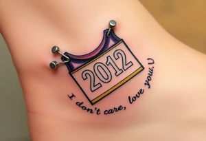 Safety pins through the skin attaching a running bib with 2012 and purple and gold accents with “I don’t care, I love it” around the outside tattoo idea