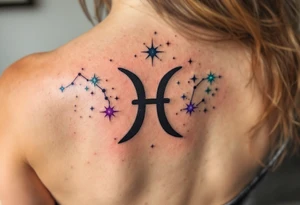 A bold black Pisces sign sits under a gradient of starlight forming the star constellation in icy shades. tattoo idea