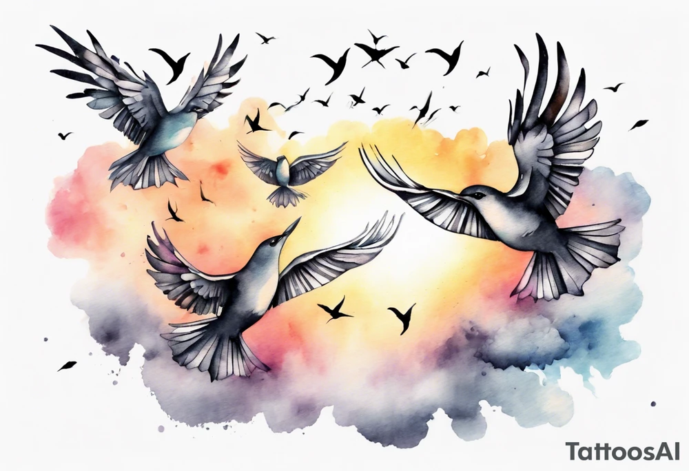 a shoulder tattoo with lots of rays of light in gradient starting from the middle
, clouds and birds flying free tattoo idea