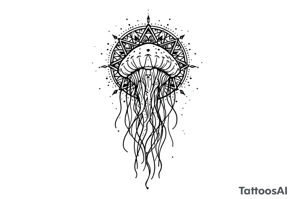 minimal fine-line tattoo, single jellyfish, sacred geometry surround, dotwork patterns, jellyfish bell dome, flowing tentacles, trailing streamers, geometric mandala, radiating dotwork, minimalist design, black grey lines, soft shading, no outlines, geometric frame, organic jellyfish form, upper arm shoulder placement, light airy feel, delicate linework, geometric backdrop, clean lines, radiating patterns, simple jellyfish centerpiece, minimalist, psychedelic, not symmetrical tattoo idea