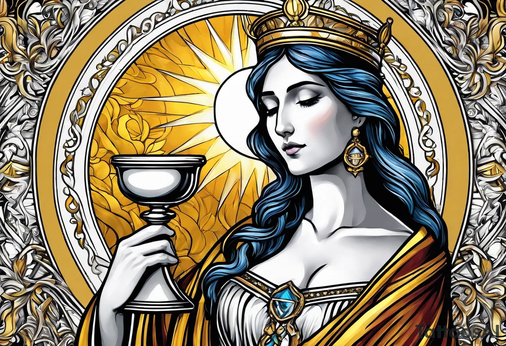 holy saint woman turned away with golden halo holding a chalice tattoo idea