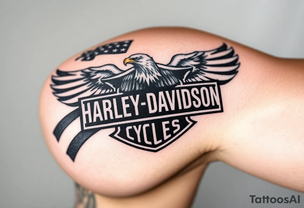 Harley Davidson logo with bald eagle American flag background shaded in tattoo idea