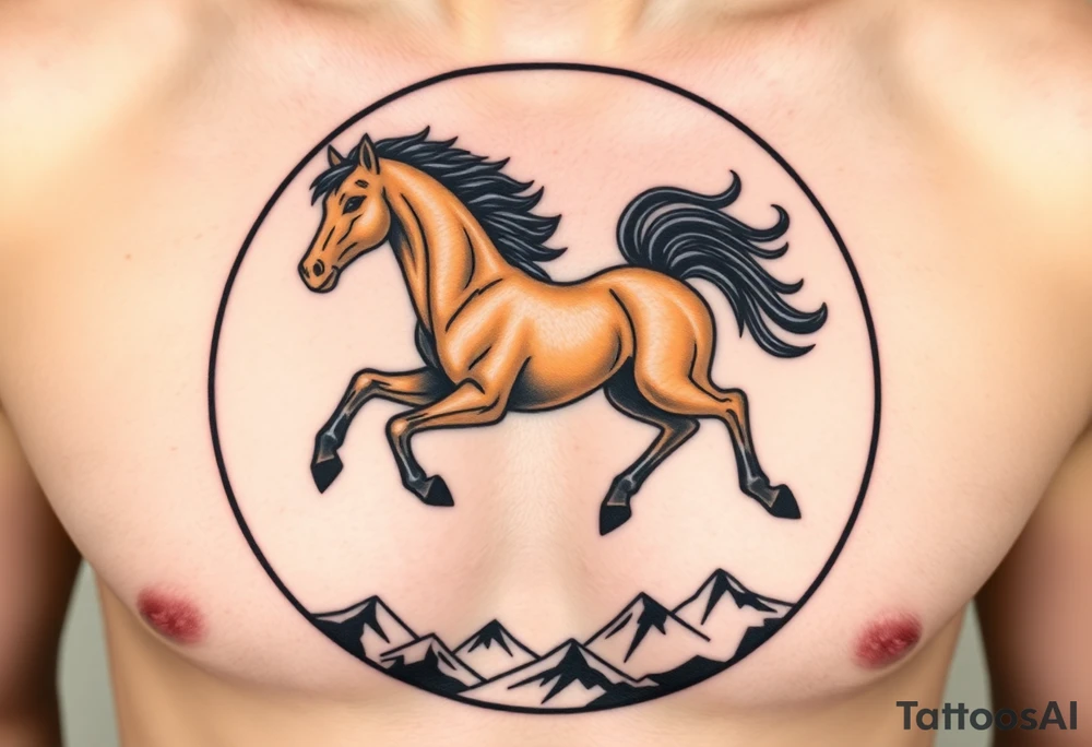 A golden mustang horse with black hair and legs in a circle where the mountain or nature is its contour to accompany the animal in full movement, running like a soul leading the devil. U can mix the mountains with the back haird black of the horse. tattoo idea