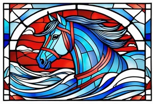 stained glass window with a red horse's head rising from the blue ocean waves tattoo idea