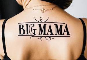 A tramp stamp tattoo of the words “Big Mama” with clean simple script font with delicate underlining and/or subtle embellishments for a more understated approach tattoo idea