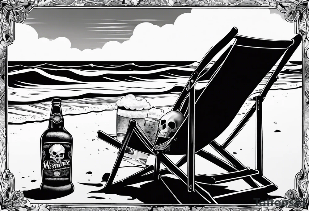 Skull body smoke on the beach sitting in a beach chair with a beer in its hand tattoo idea