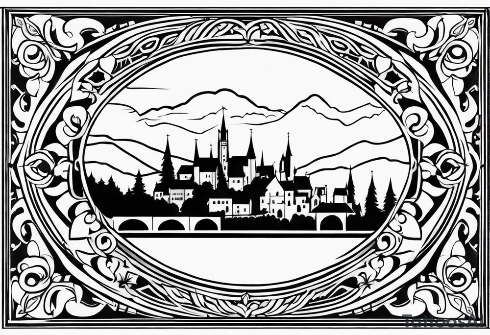 medieval tribal city floral  land  vignette tattoo idea