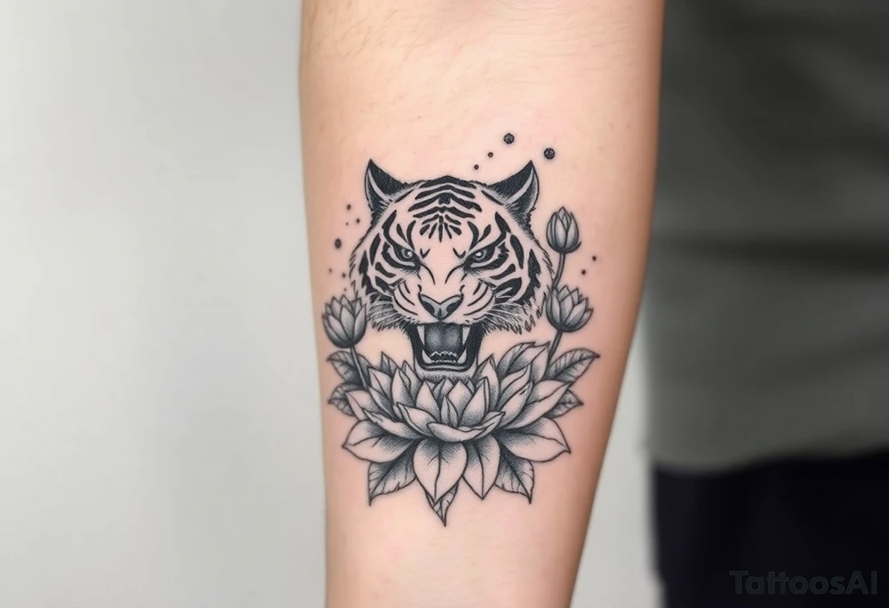 fierce tiger emerging through blooming lotus flowers in mist tattoo idea