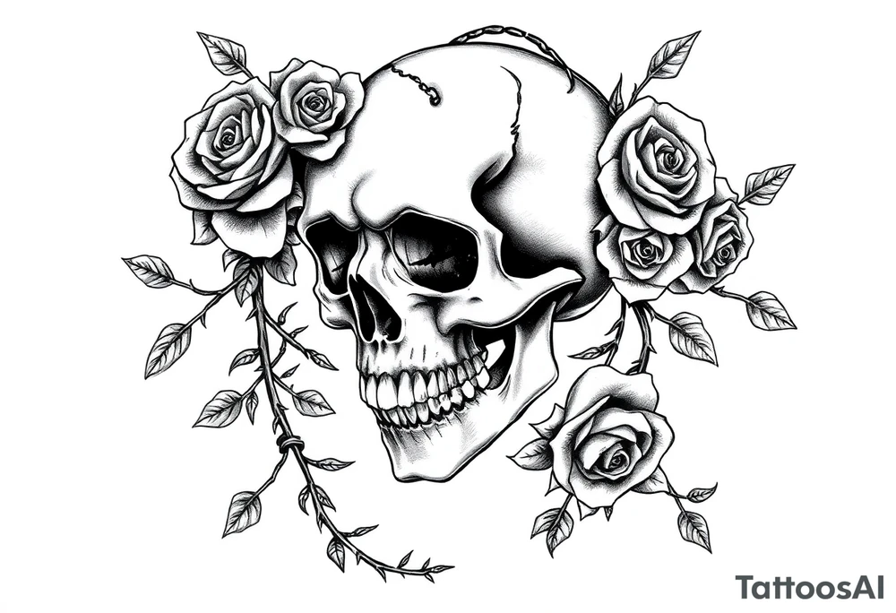 gothic skull intertwined with climbing roses and thorny vines tattoo idea