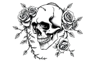gothic skull intertwined with climbing roses and thorny vines tattoo idea