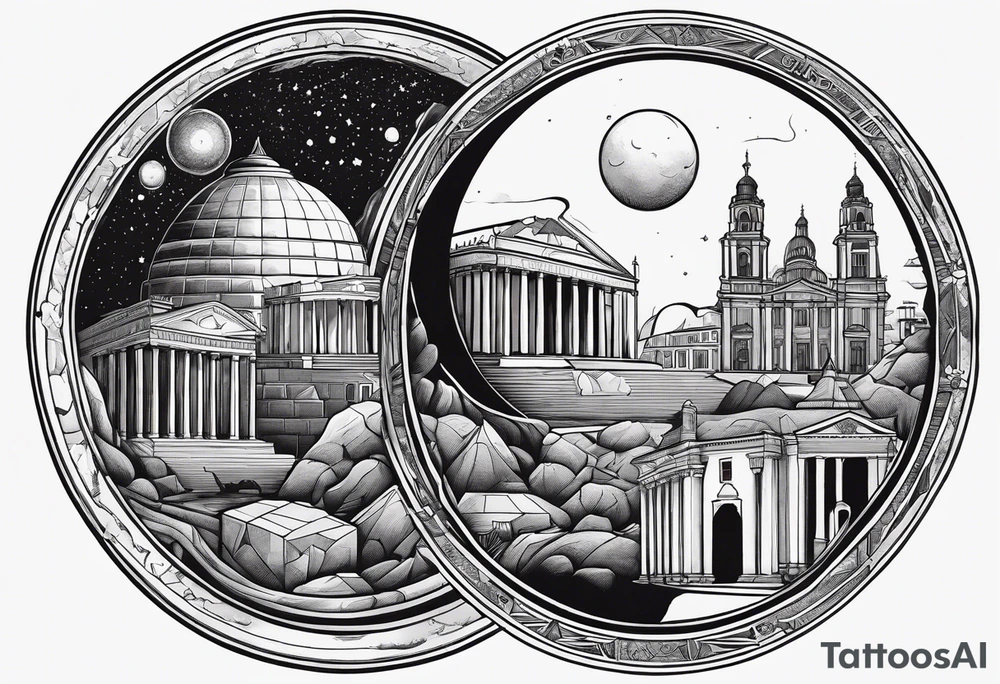 a black hole centered, with historical buildings surrounding it in chronological order, with schrodinger's cat depicted as sisyphus pushing a boulder tattoo idea