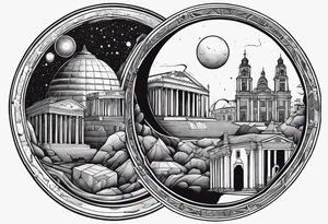 a black hole centered, with historical buildings surrounding it in chronological order, with schrodinger's cat depicted as sisyphus pushing a boulder tattoo idea