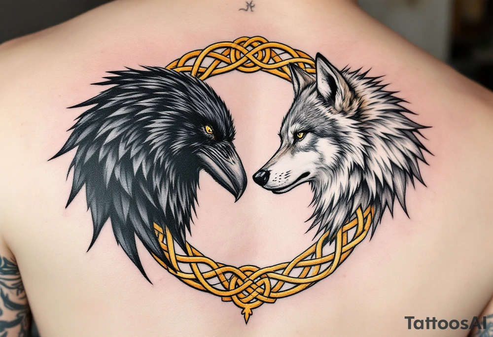 Celtic Wolf and Raven Pair – A gray-and-white wolf facing a black raven, both surrounded by interlocked golden Celtic knot patterns forming a circle. tattoo idea