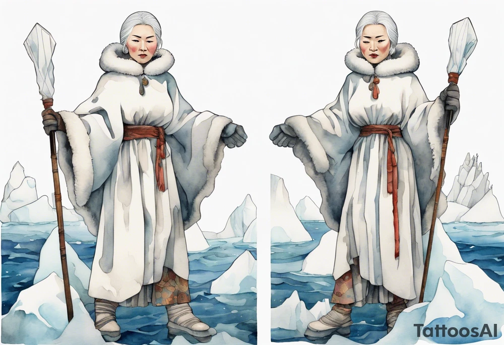 a middle aged Inuit woman with white hair, wearing mittens, wearing a white cloak, holding a white staff, wearing mukluks, standing on an iceberg in the sea tattoo idea