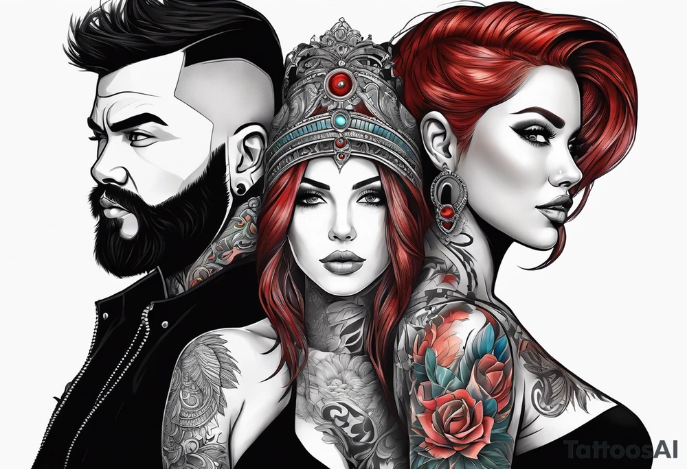 Busty red haired woman with a bearded man who has black hair tattoo idea