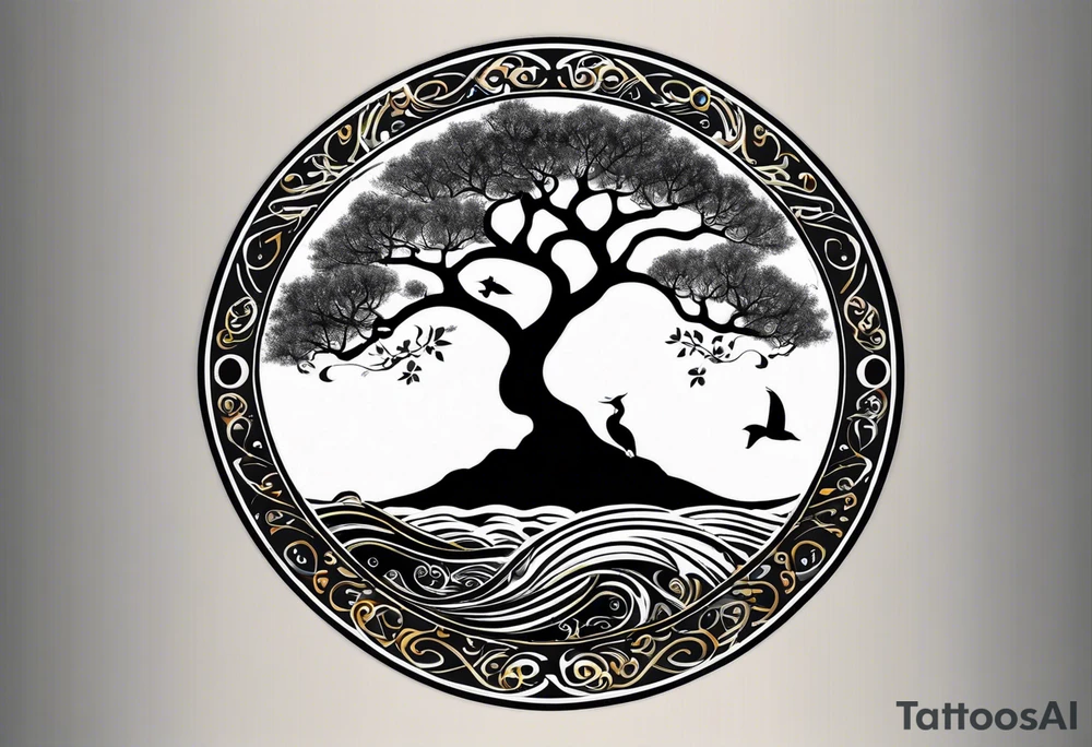 an abstract Tree of Life tattoo. It should have roots growing out of the bottom. The roots slowly turn into water from the Great Wave by Hokusai. A golf flag should be placed discreetly growing out of the ground. 2 license plate tags should be hanging from the tree. Place a few music notes in the areas the leaves should be. The letters A U should be engraving into the tree trunk in a heart. Not inside a circle. The overall shape of the tattoo should be organic. Black and white only. tattoo idea