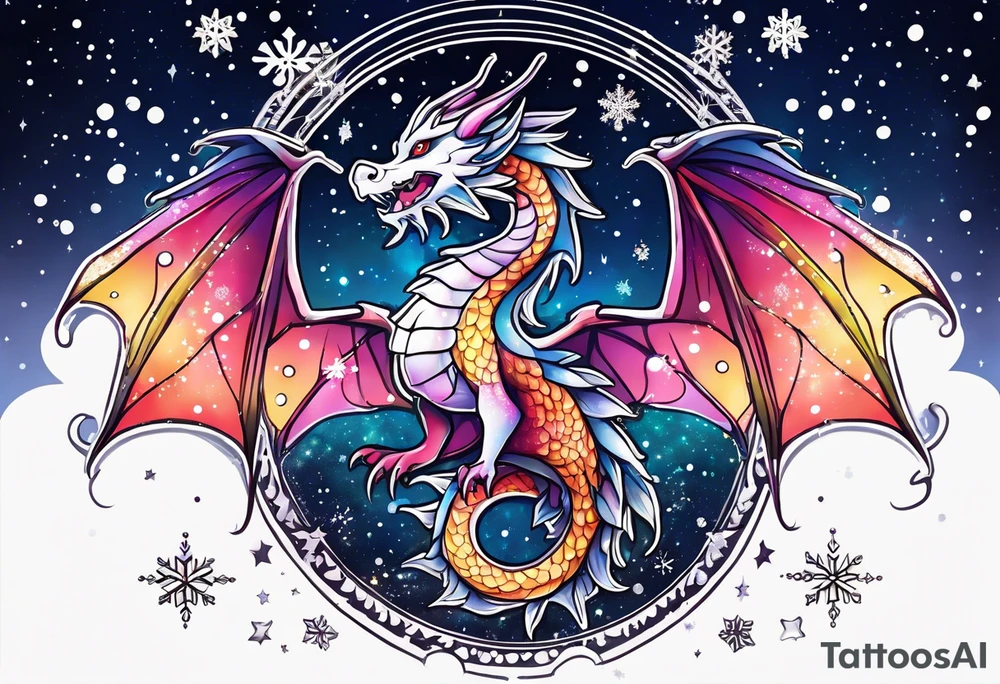 Constellation, kawaii dragon, snowflake tattoo idea